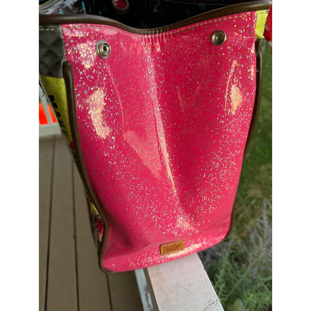Consuela Hype Classic Tote Bag Multi Color Patchwork Oilcloth Pink Glitter Large